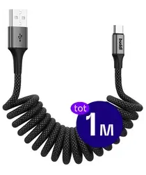 Buddi Flex USB-A naar USB-C Krulsnoer Kabel 12W Fast Charge 1M Zwart afbeelding