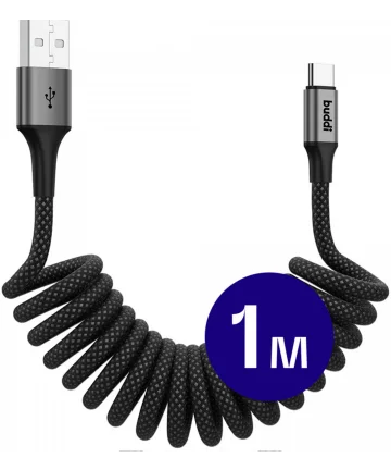 Buddi Flex USB-A naar USB-C Krul Kabel 12W Fast Charge 1M Zwart Kabels