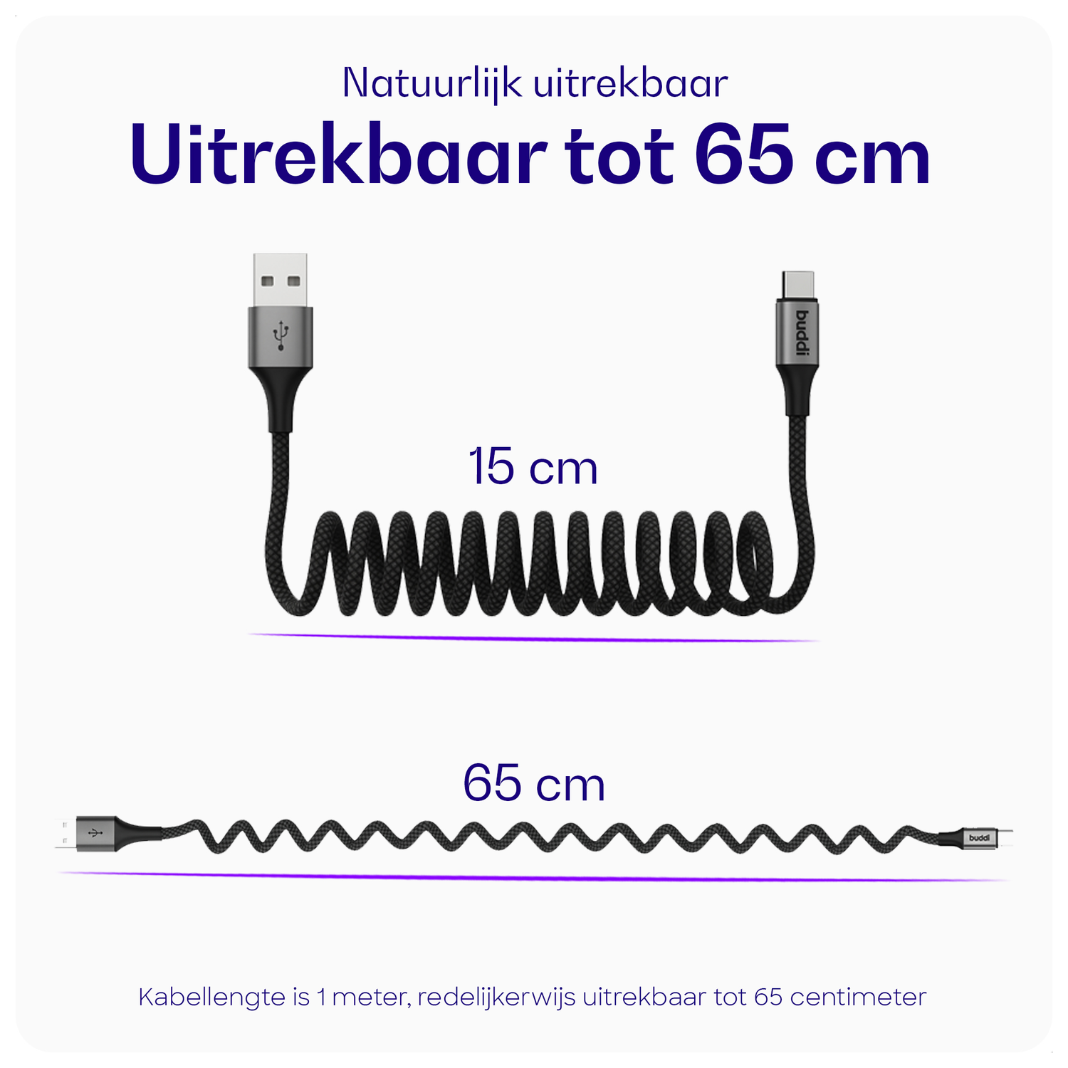 Buddi Flex USB-A naar USB-C Krulsnoer Kabel 12W Fast Charge 1M Zwart afbeelding 3
