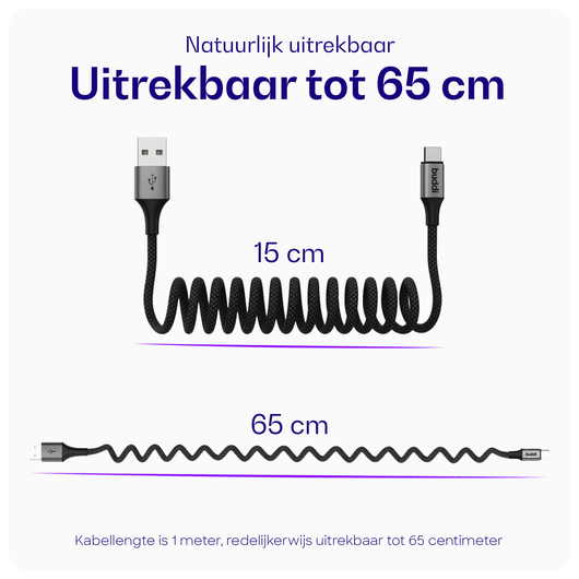 Buddi Flex USB-A naar USB-C Krulsnoer Kabel 12W Fast Charge 1M Zwart afbeelding 3