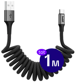 Buddi Flex USB-A naar USB-C Krulsnoer Kabel 12W Fast Charge 1M Zwart afbeelding