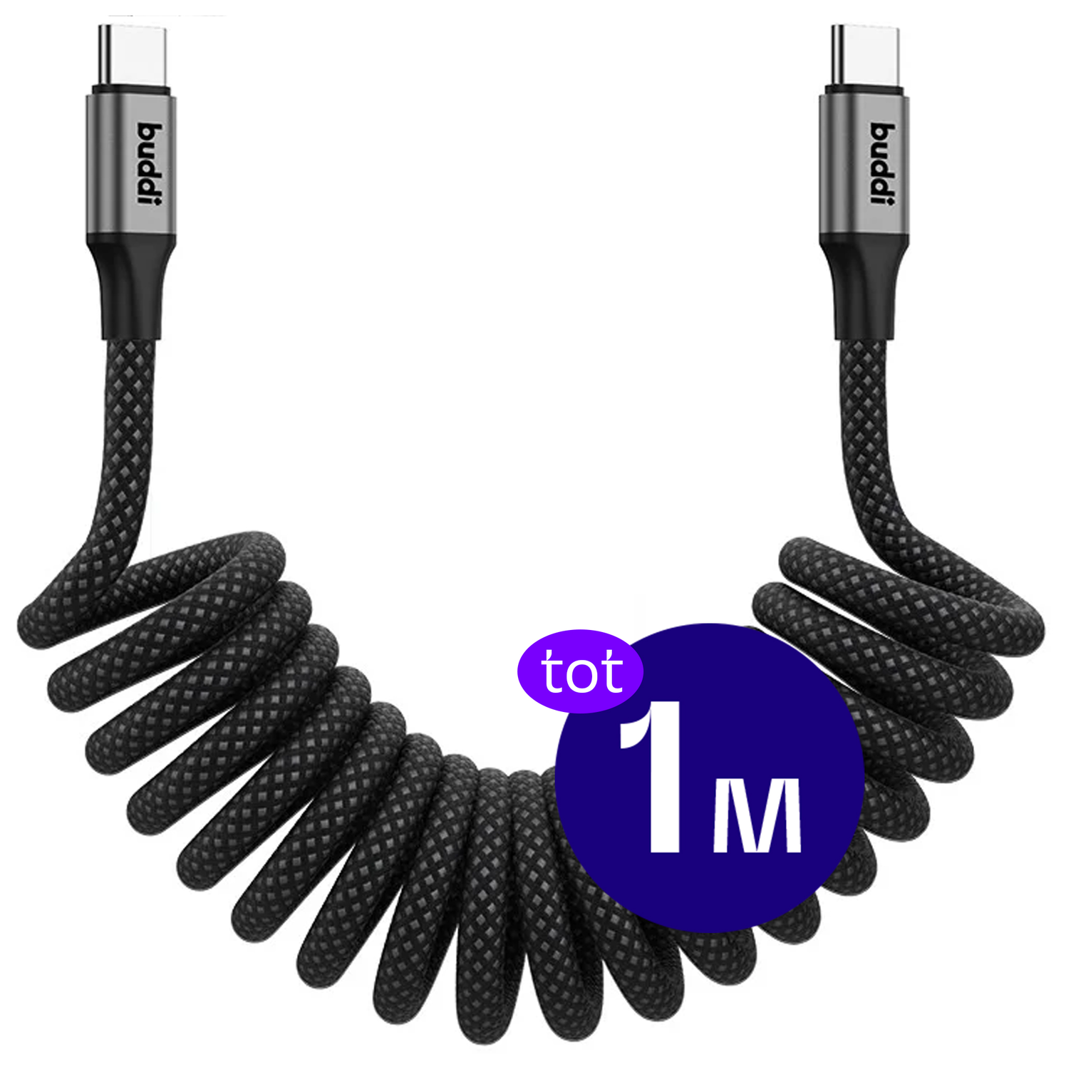 Buddi Flex USB-C naar USB-C Krulsnoer Kabel 60W Fast Charge 1M Zwart afbeelding 1