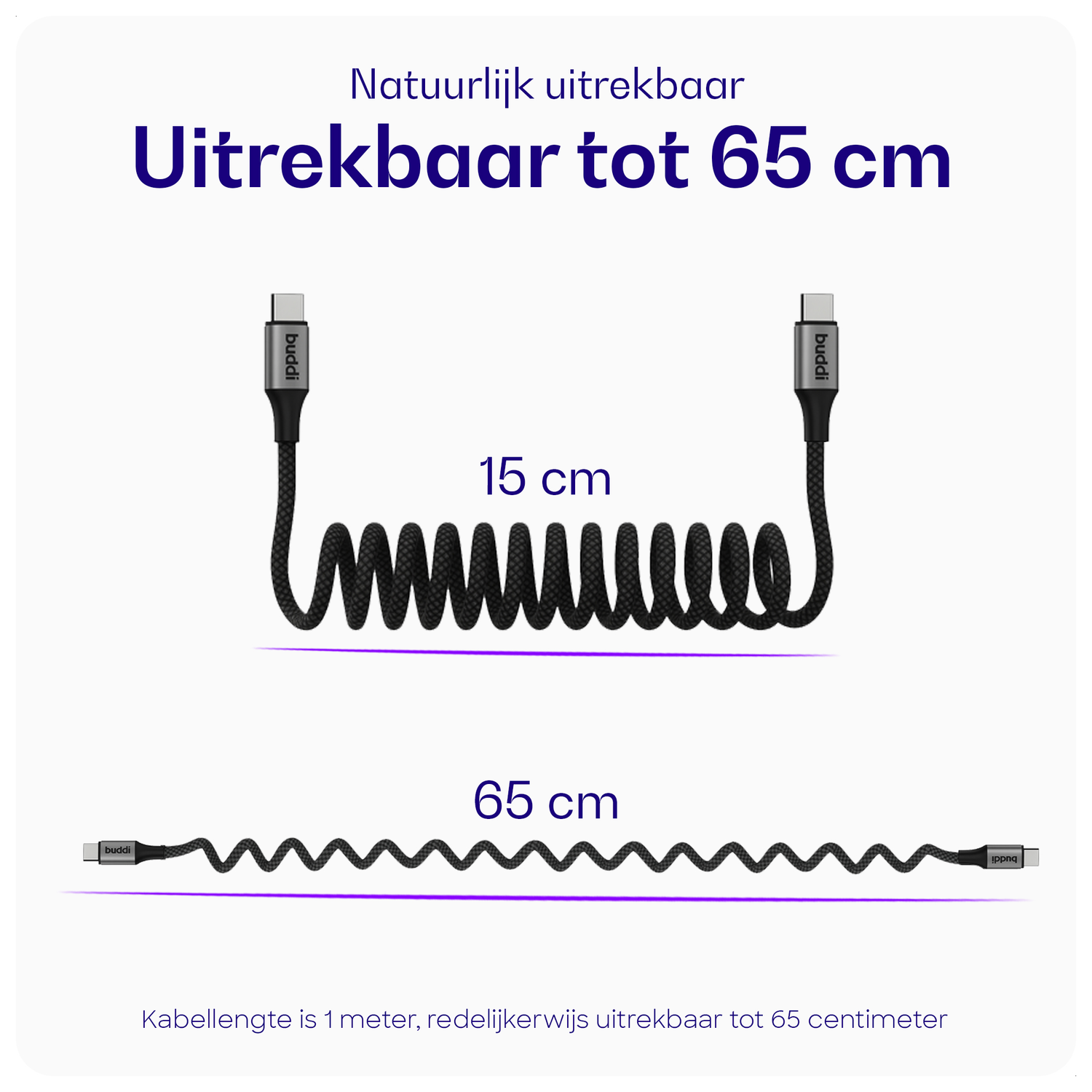 Buddi Flex USB-C naar USB-C Krulsnoer Kabel 60W Fast Charge 1M Zwart afbeelding 3