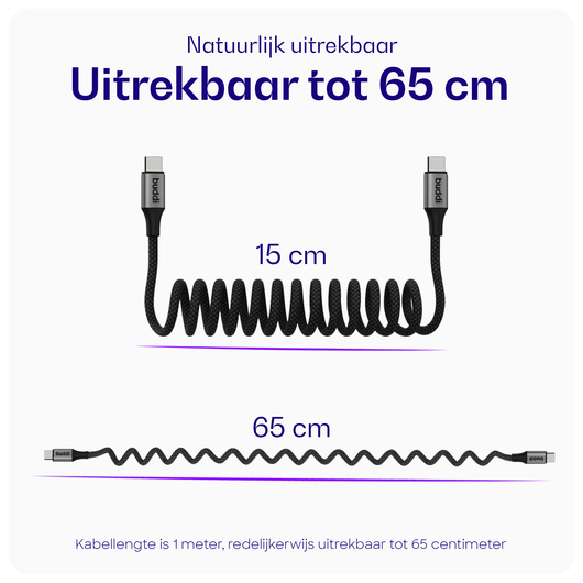 Buddi Flex USB-C naar USB-C Krulsnoer Kabel 60W Fast Charge 1M Zwart afbeelding 3