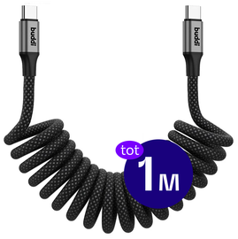 Buddi Flex USB-C naar USB-C Krulsnoer Kabel 60W Fast Charge 1M Zwart afbeelding