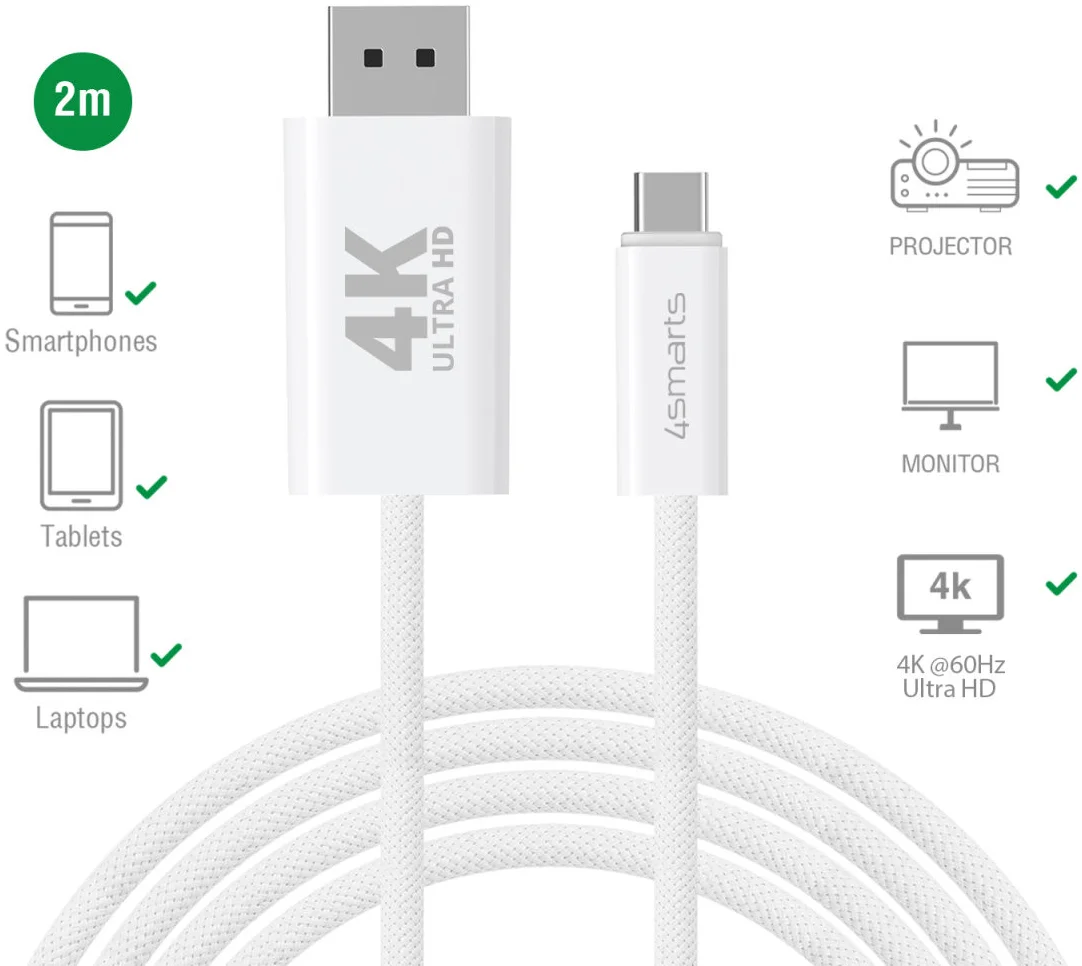 4smarts USB-C naar DisplayPort Video Kabel 4K 60Hz 2 Meter Wit afbeelding 2