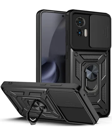 Motorola Edge 30 Neo Hoesje met Camera Slider en Kickstand Ring Zwart Hoesjes