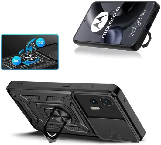 Motorola Edge 30 Neo Hoesje met Camera Slider en Kickstand Ring Zwart afbeelding 2