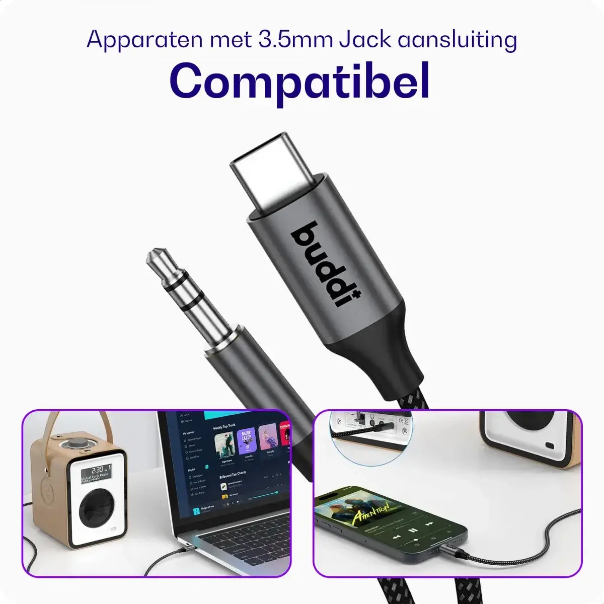 Buddi Flex USB-C naar 3.5mm Jack AUX Audiokabel 1M Zwart afbeelding 3