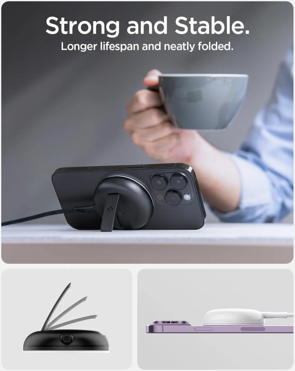 Spigen MagFit Draadloze MagSafe Oplader 15W met Kickstand Zwart afbeelding 3