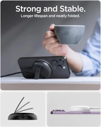 Spigen MagFit Draadloze MagSafe Oplader 15W met Kickstand Zwart afbeelding 3
