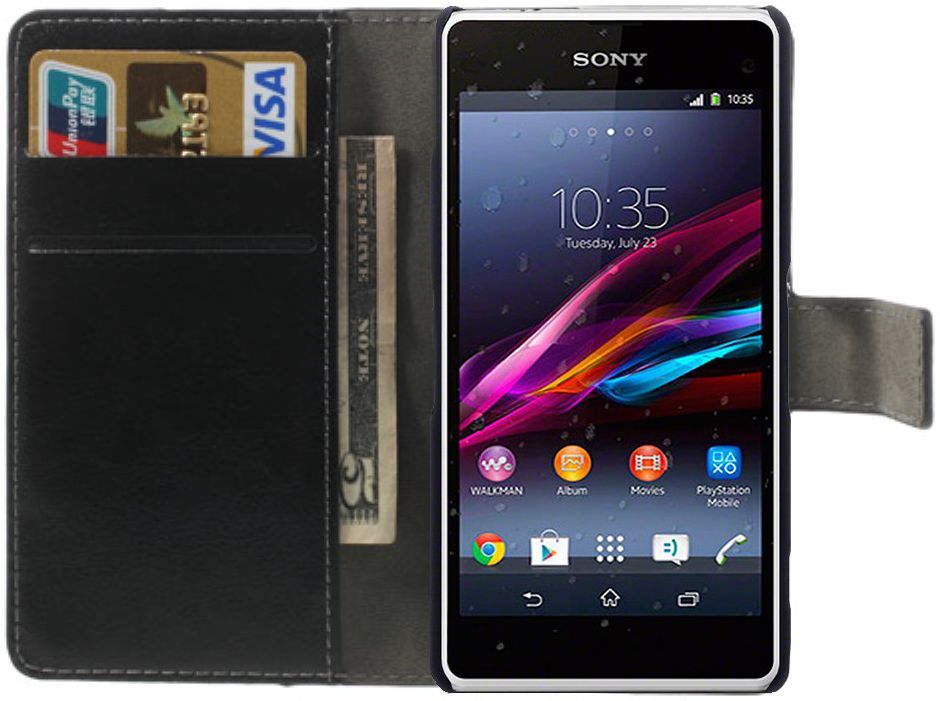 Sony Xperia Z1 Compact Hoesje met Kaarthouder Zwart afbeelding 2