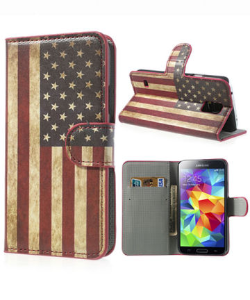 Samsung Galaxy S5 (Neo) American Flag Leren Wallet Stand Case Hoesjes