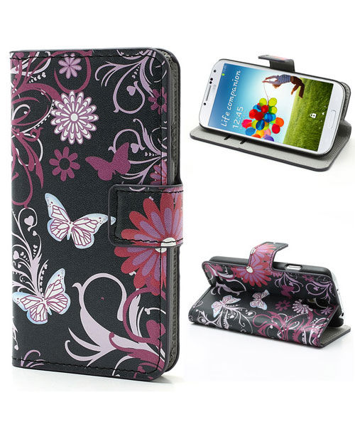 Samsung i9505 Galaxy S4 Wallet Stand Case Vlinder Patroon Zwart afbeelding 1