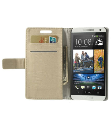 HTC Desire 610 Cloth Skin Leather Wallet Case Beige Hoesjes