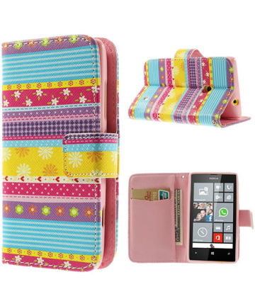 Nokia Lumia 520 Flowers Stripes Pattern Wallet Case Hoesjes