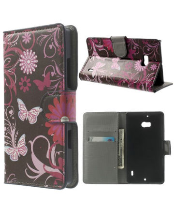 Nokia Lumia 930 Leren Wallet Stand Case Bloemen & Vlinders Hoesjes