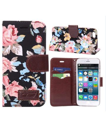 Pretty Flowers Leather Wallet Stand Case Black - Apple iPhone 6S Hoesjes