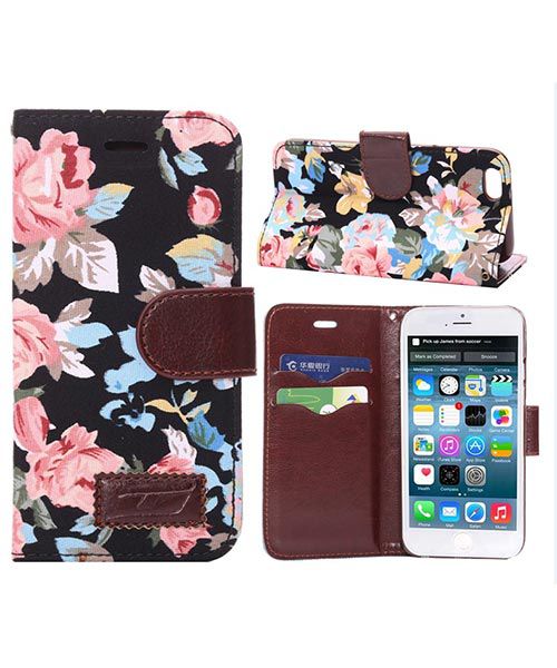 Pretty Flowers Leather Wallet Stand Case Black - Apple iPhone 6S afbeelding 1