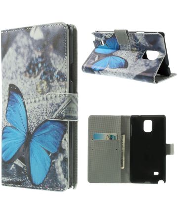 Samsung Galaxy Note 4 Lederen Wallet Flipcase Stand - Blue Butterfly Hoesjes