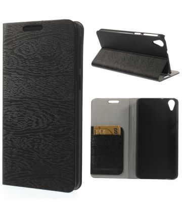 HTC Desire 820 Wood Grain Leather Wallet Case Black Hoesjes
