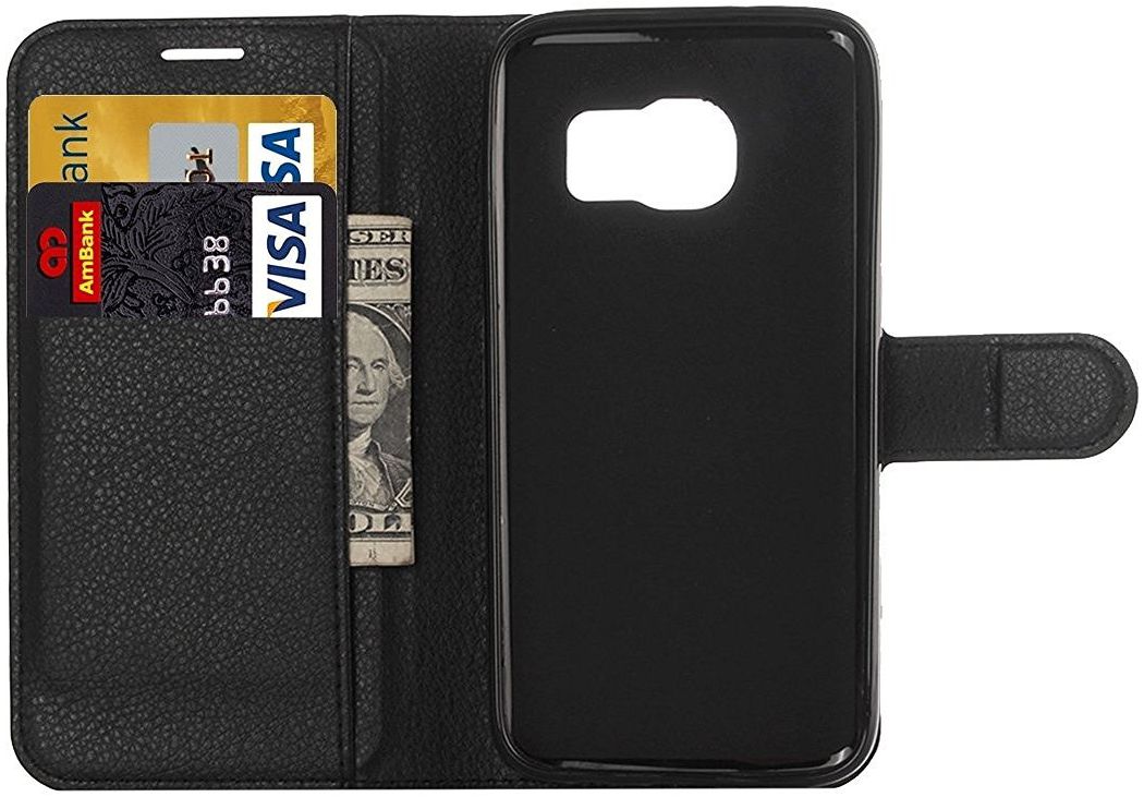Samsung Galaxy S6 Edge Litchi Stand Case Zwart afbeelding 3