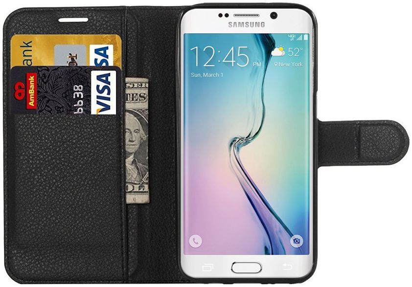Samsung Galaxy S6 Edge Litchi Stand Case Zwart afbeelding 1