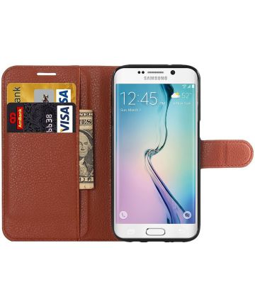 Samsung Galaxy S6 Edge Litchi Leather Stand Case Bruin Hoesjes