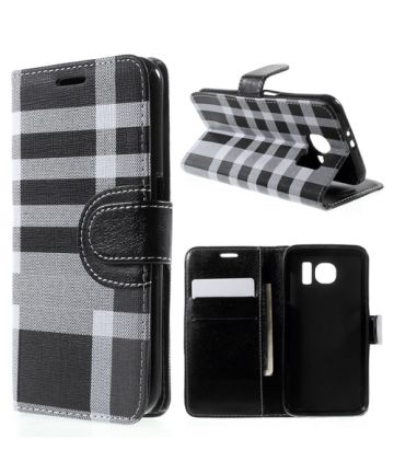 Samsung Galaxy S6 Lederen Wallet Flip Case Zwart/Wit Hoesjes