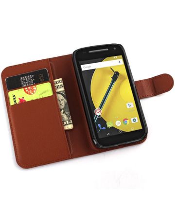 Motorola Moto E 2015 Lychee Leather Cover Stand Bruin Hoesjes