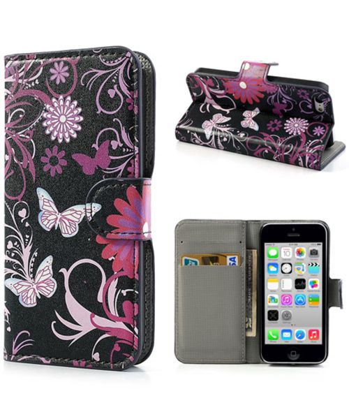 Apple iPhone 5C Wallet Hoesje Vlinder en Bloem afbeelding 1