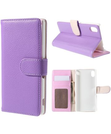 Sony Xperia M4 Aqua Litchi Leather Wallet Case Paars Hoesjes