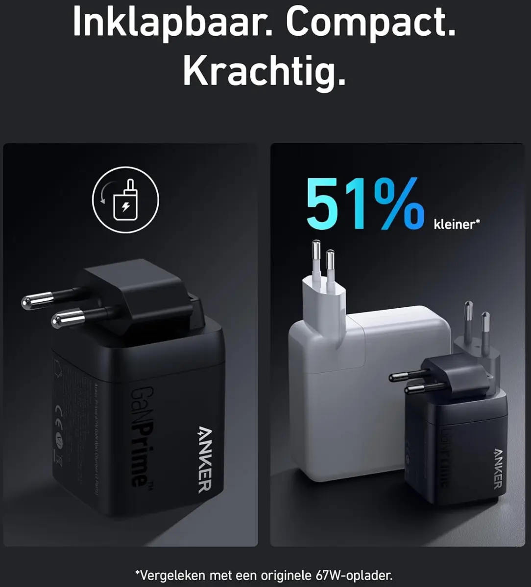 Anker 67W GaN Wall Charger 3-Poorts Inklapbare Snellader Zwart afbeelding 3