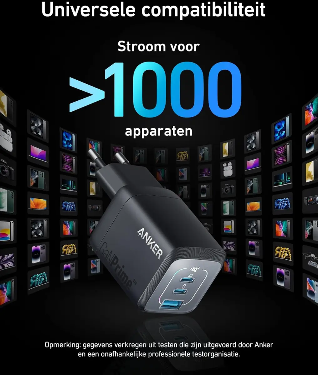 Anker 67W GaN Wall Charger 3-Poorts Inklapbare Snellader Zwart afbeelding 5