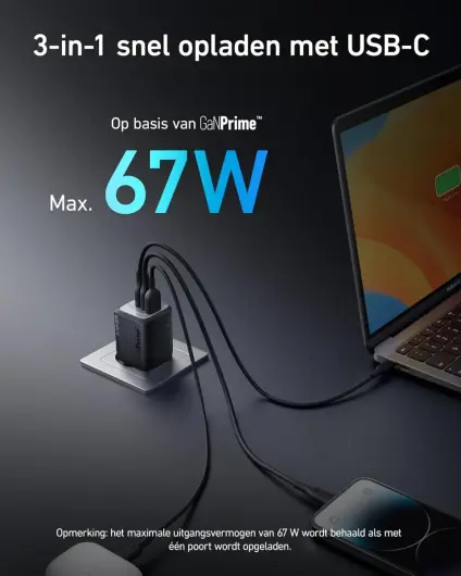 Anker 67W GaN Wall Charger 3-Poorts Inklapbare Snellader Zwart afbeelding 2