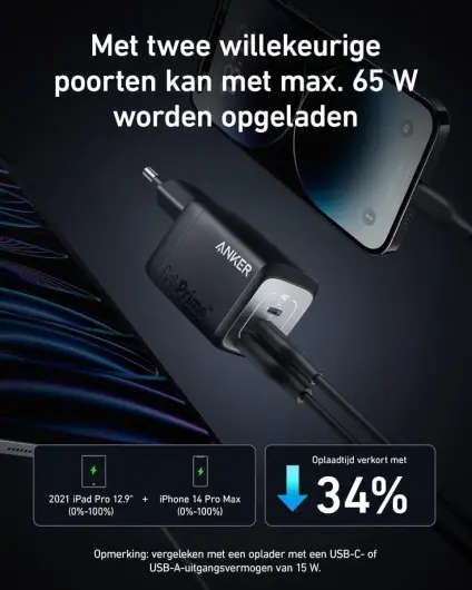 Anker 67W GaN Wall Charger 3-Poorts Inklapbare Snellader Zwart afbeelding 6