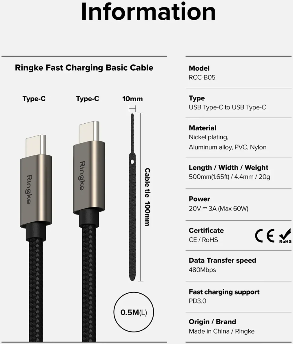 Ringke 3A Fast Charging Basic USB-C naar USB-C Kabel 60W 0.5M Zwart afbeelding 10