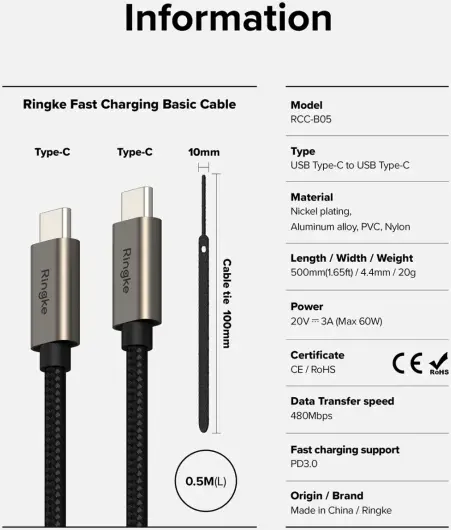 Ringke 3A Fast Charging Basic USB-C naar USB-C Kabel 60W 0.5M Zwart afbeelding 10