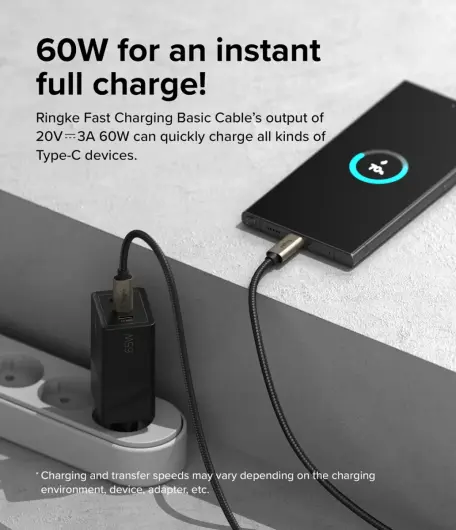 Ringke 3A Fast Charging Basic USB-C naar USB-C Kabel 60W 0.5M Zwart afbeelding 2