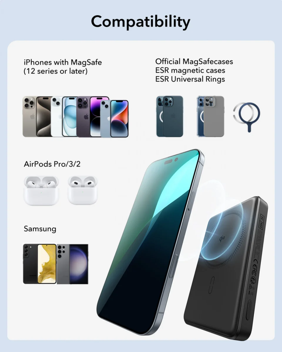 ESR MagSlim Qi2 MagSafe Powerbank 10.000 mAh met USB-C Poort Blauw afbeelding 10