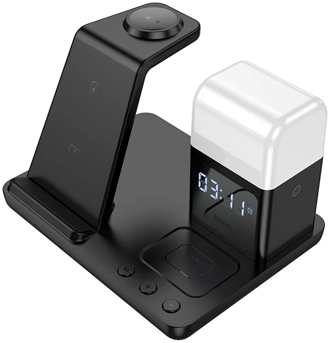 Hoco 3-in-1 Universele Draadloze Oplader 15W met Klok en Wekker Zwart afbeelding 3