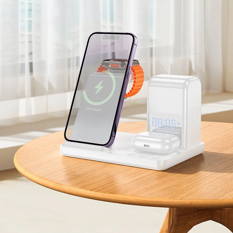 Hoco 3-in-1 Universele Draadloze Oplader 15W met Klok en Wekker Wit afbeelding 2