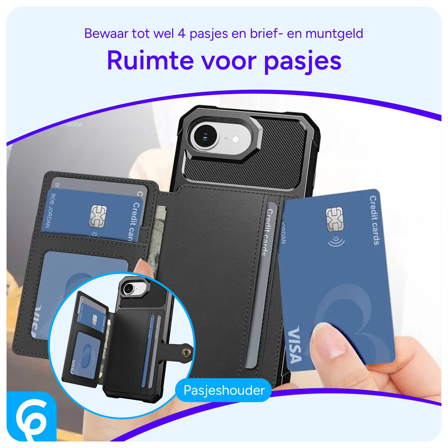 Apple iPhone 16e 3 in 1 Back Cover Portemonnee Hoesje Zwart afbeelding 2