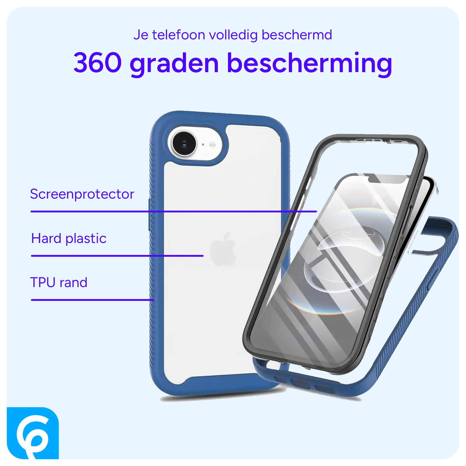 Apple iPhone 16e Hoesje Full Protect 360° Cover Hybride Blauw afbeelding 2