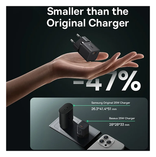 Baseus GaN5 25W Compacte Fast Charger Mini met USB-C naar USB-C Kabel 1M Zwart afbeelding 5