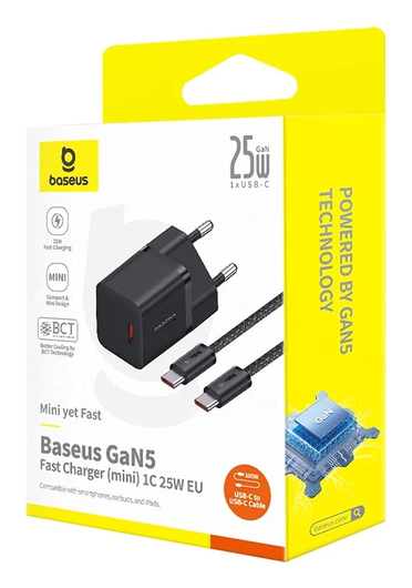 Baseus GaN5 25W Compacte Fast Charger Mini met USB-C naar USB-C Kabel 1M Zwart afbeelding 8