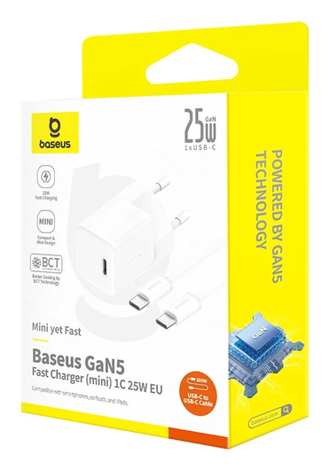 Baseus GaN5 25W Compacte Fast Charger Mini met USB-C naar USB-C Kabel 1M Wit afbeelding 8