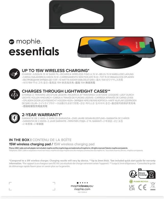 Mophie Essentials Wireless Charger Pad 15W Draadloze Oplader Zwart afbeelding 8