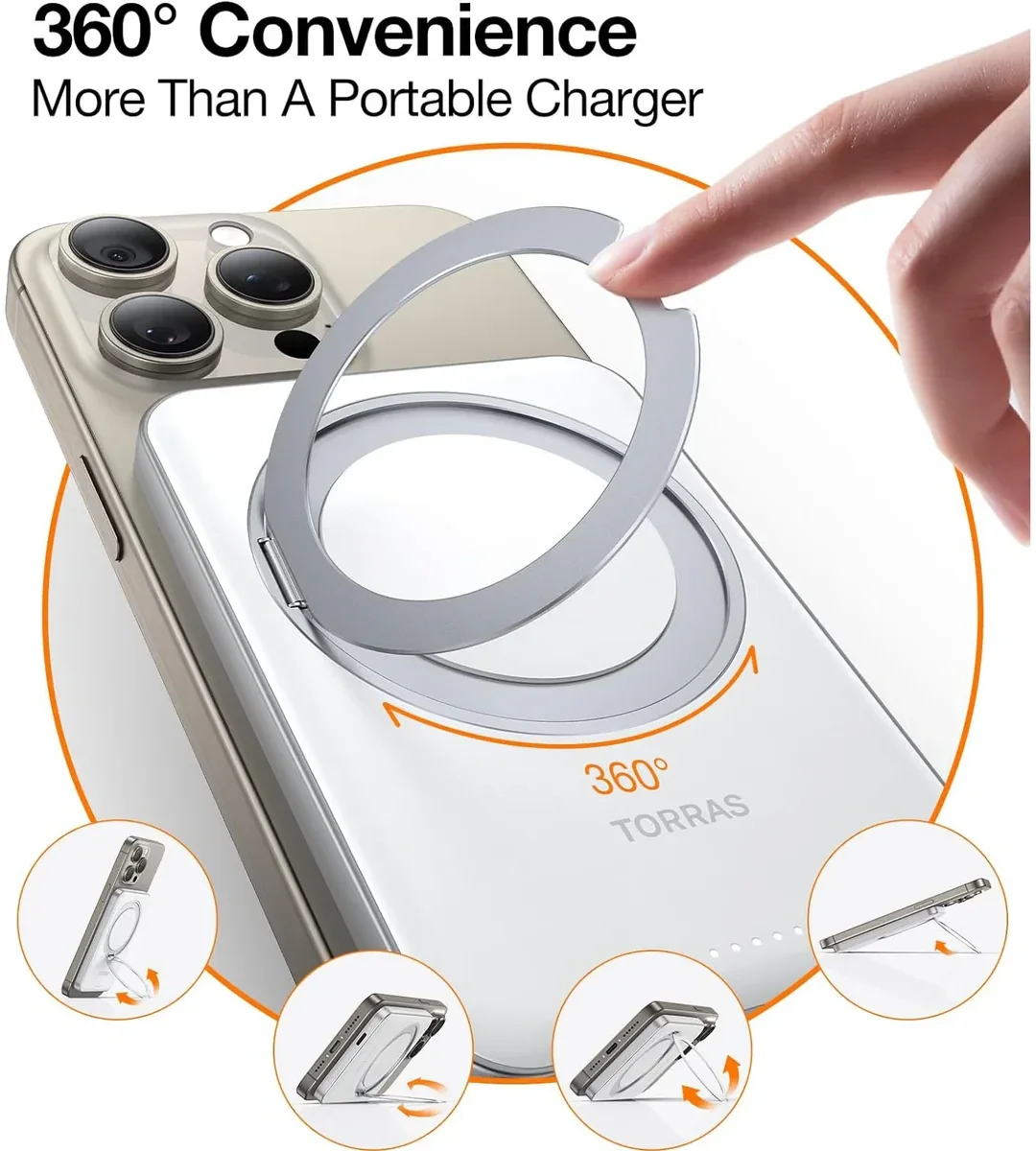 TORRAS Magnetische MagSafe Powerbank 5.000 mAh met 360° Standaard 15W Wit afbeelding 3