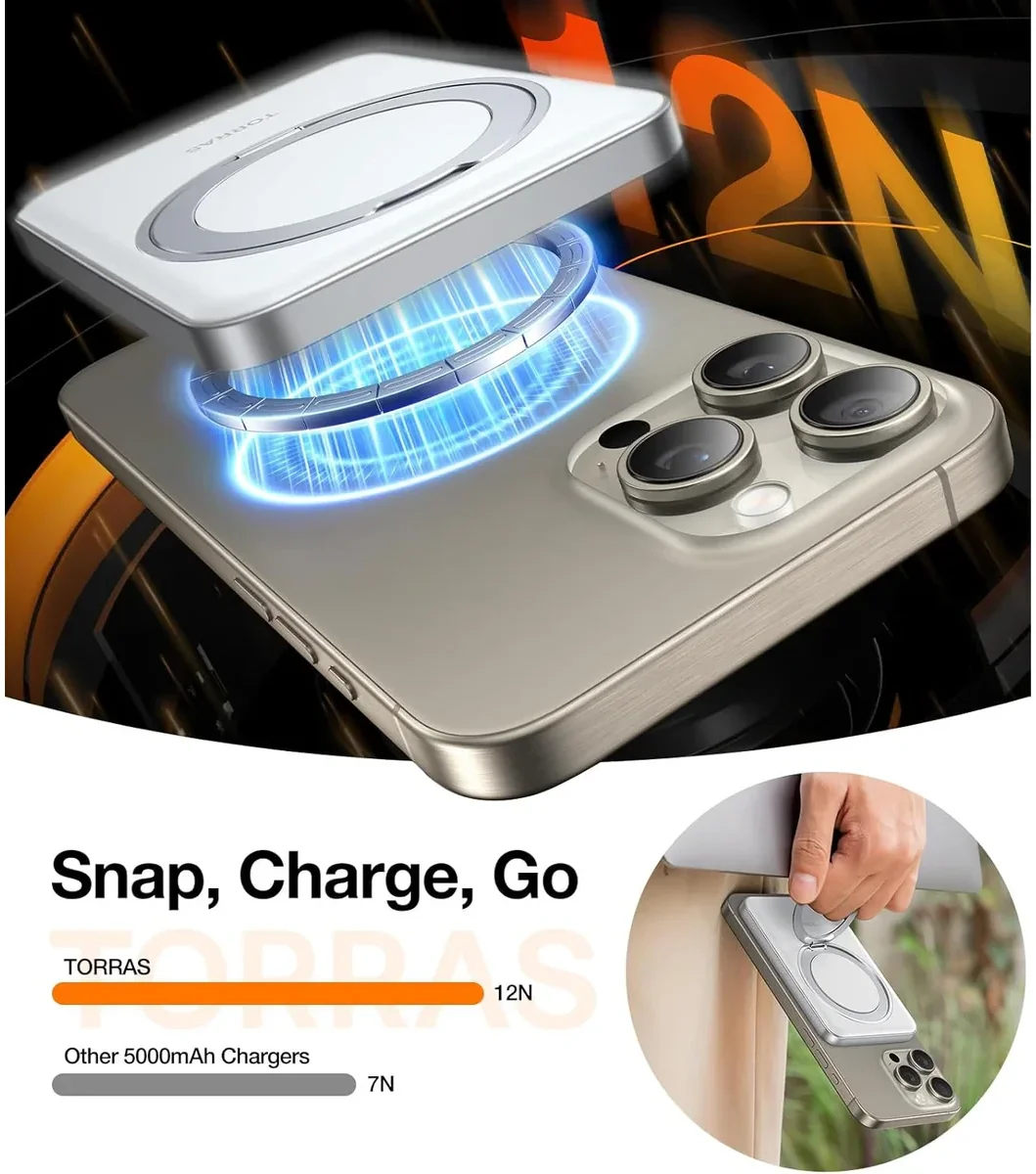 TORRAS Magnetische MagSafe Powerbank 5.000 mAh met 360° Standaard 15W Wit afbeelding 4